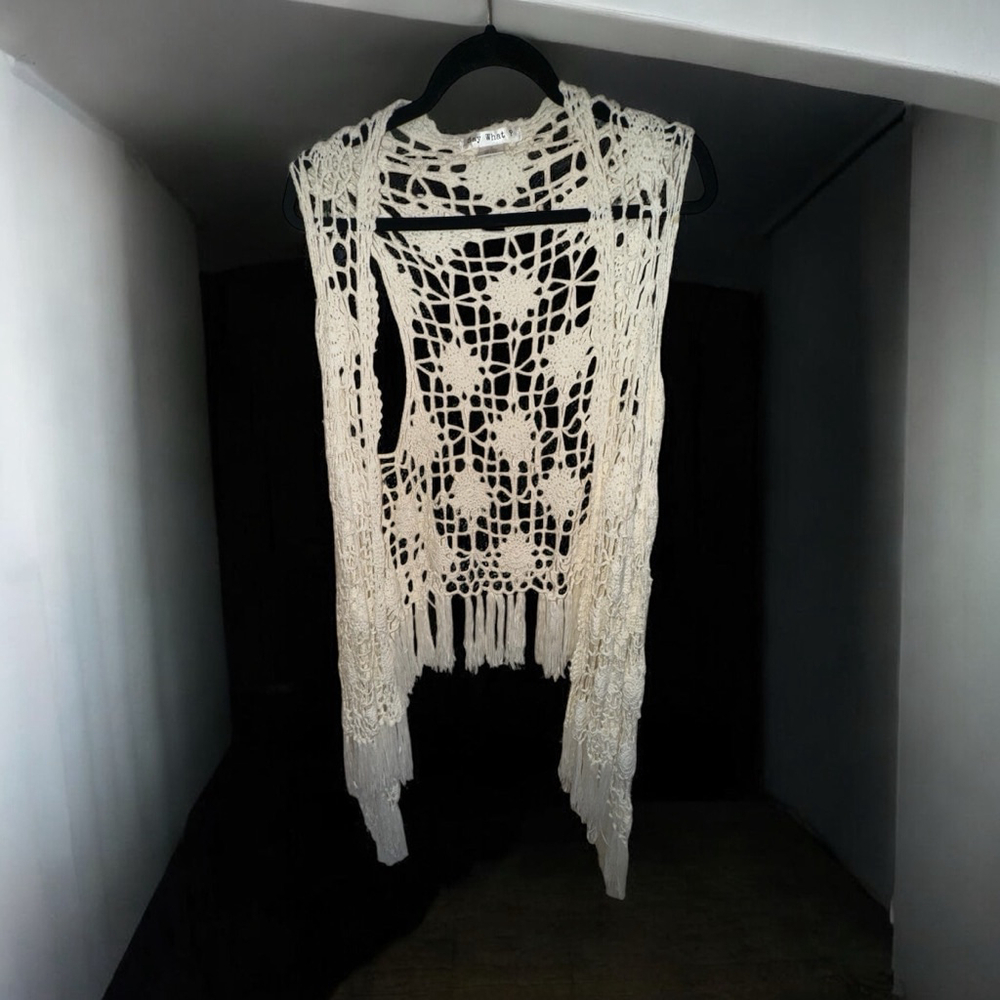 Women's WHAT Cream Crochet Knit Shrug Poncho Vest